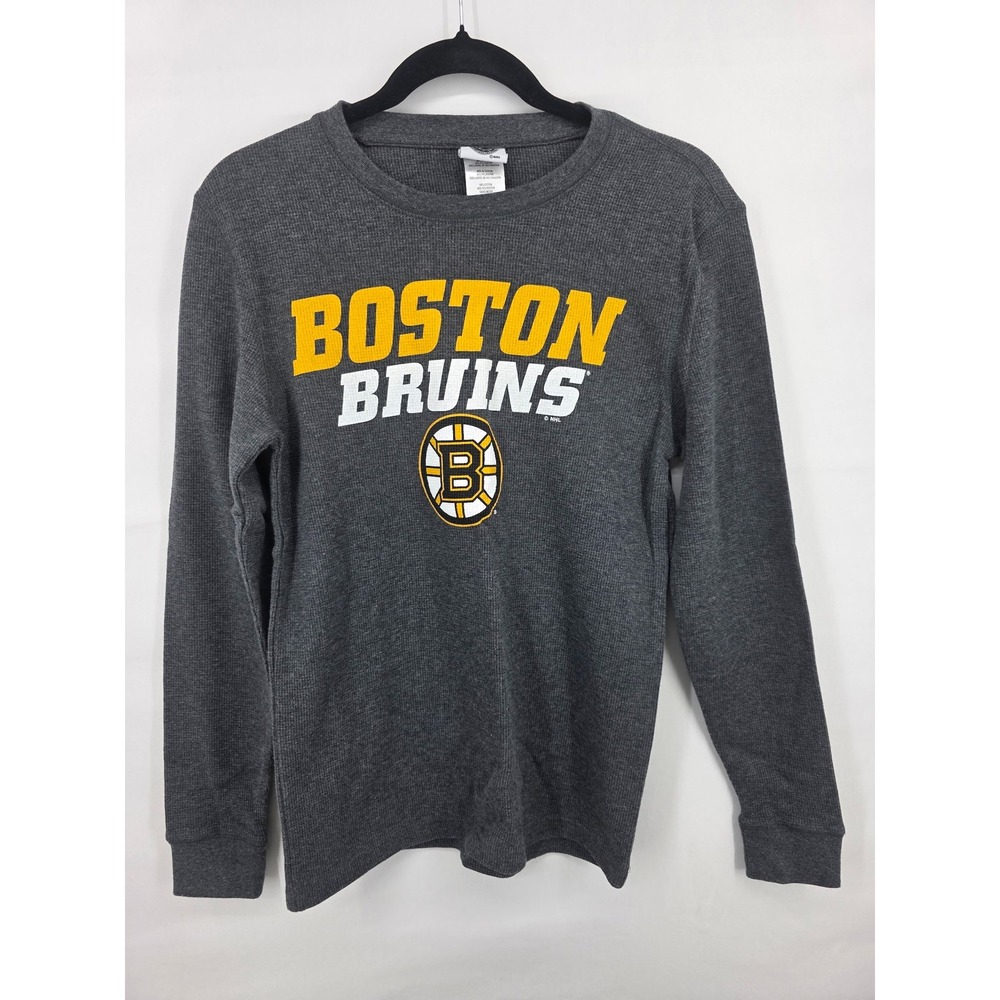 NHL Boston Bruins Thermal Shirt Mens Medium Gray Waffle Knit Long Sleeve Logo